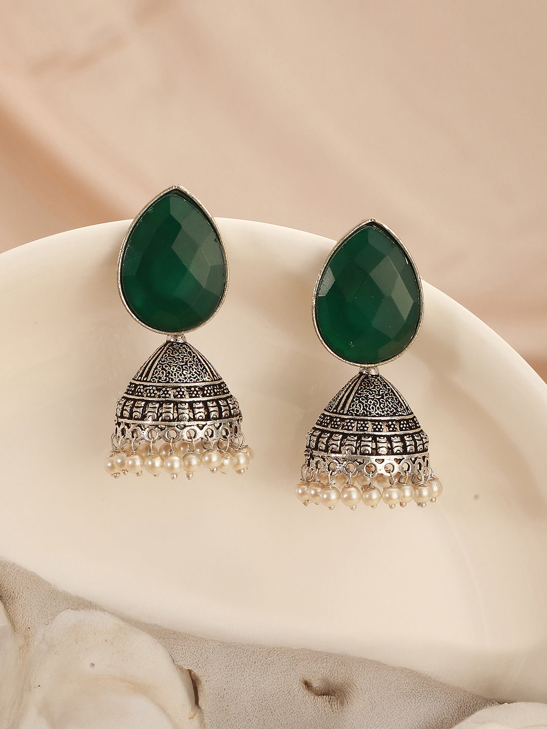 Oxidised Silver Toned Emerald Green Stone & Pearl Beaded Filigree Handcrafted Minimal Jhumka earrings
